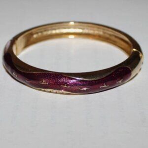 Vintage Polished Gold-Tone Hinged Bangle Bracelet Purple Enamel Inlay Boho